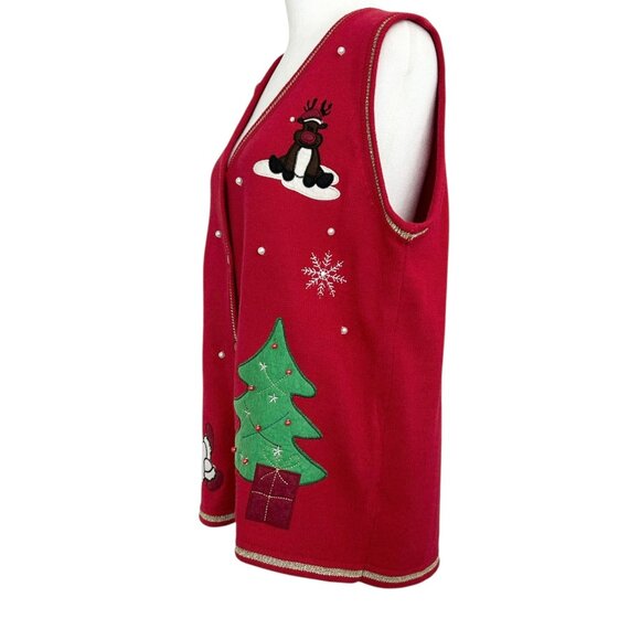 White Stag Red Christmas Applique Embroidered Beaded Sweater Vest (L) - Picture 4 of 16